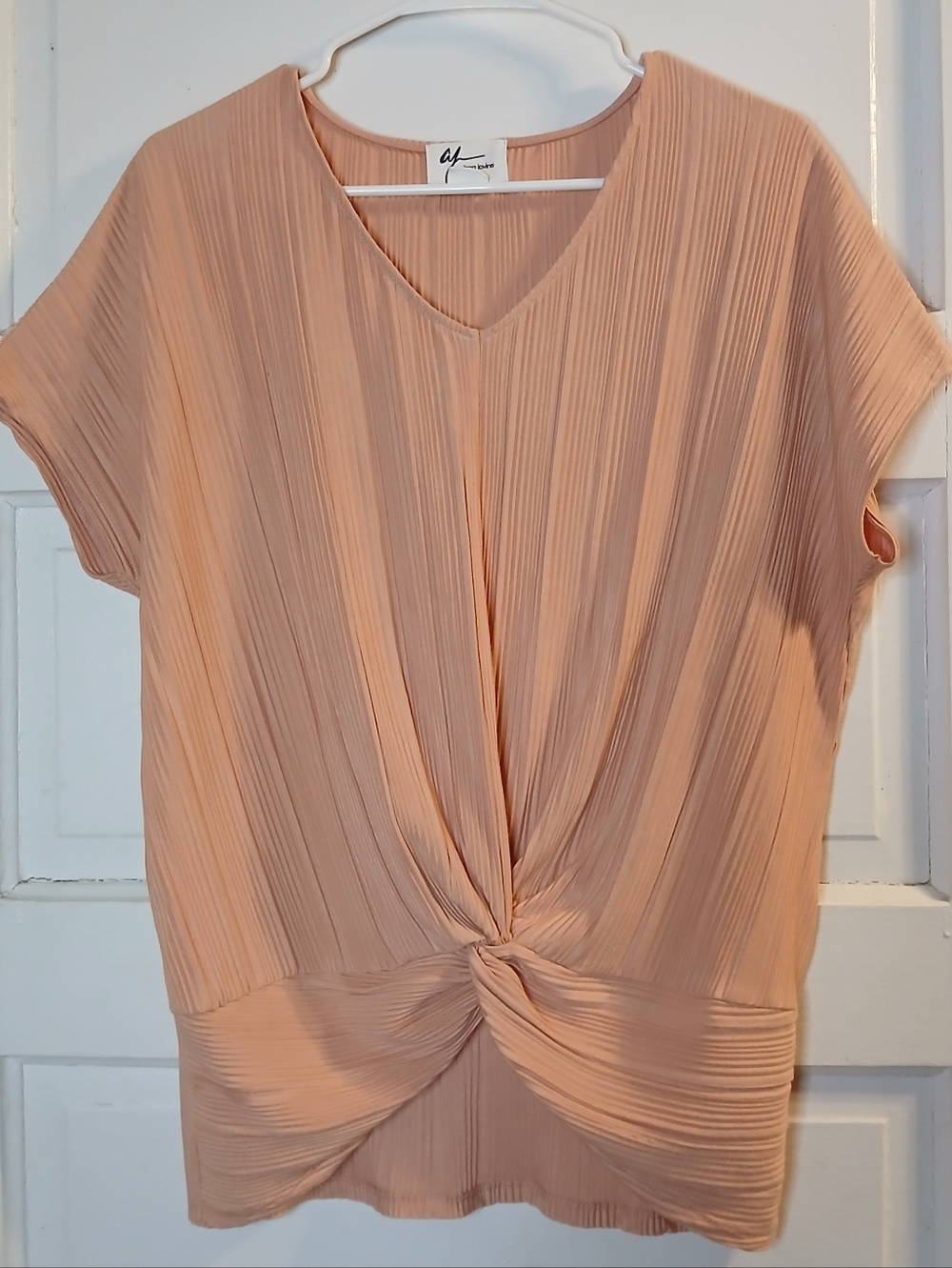 Andrea Jovine Blouse Womens M Peach Ribbed Twist Front Short Sleeve Stretch Top